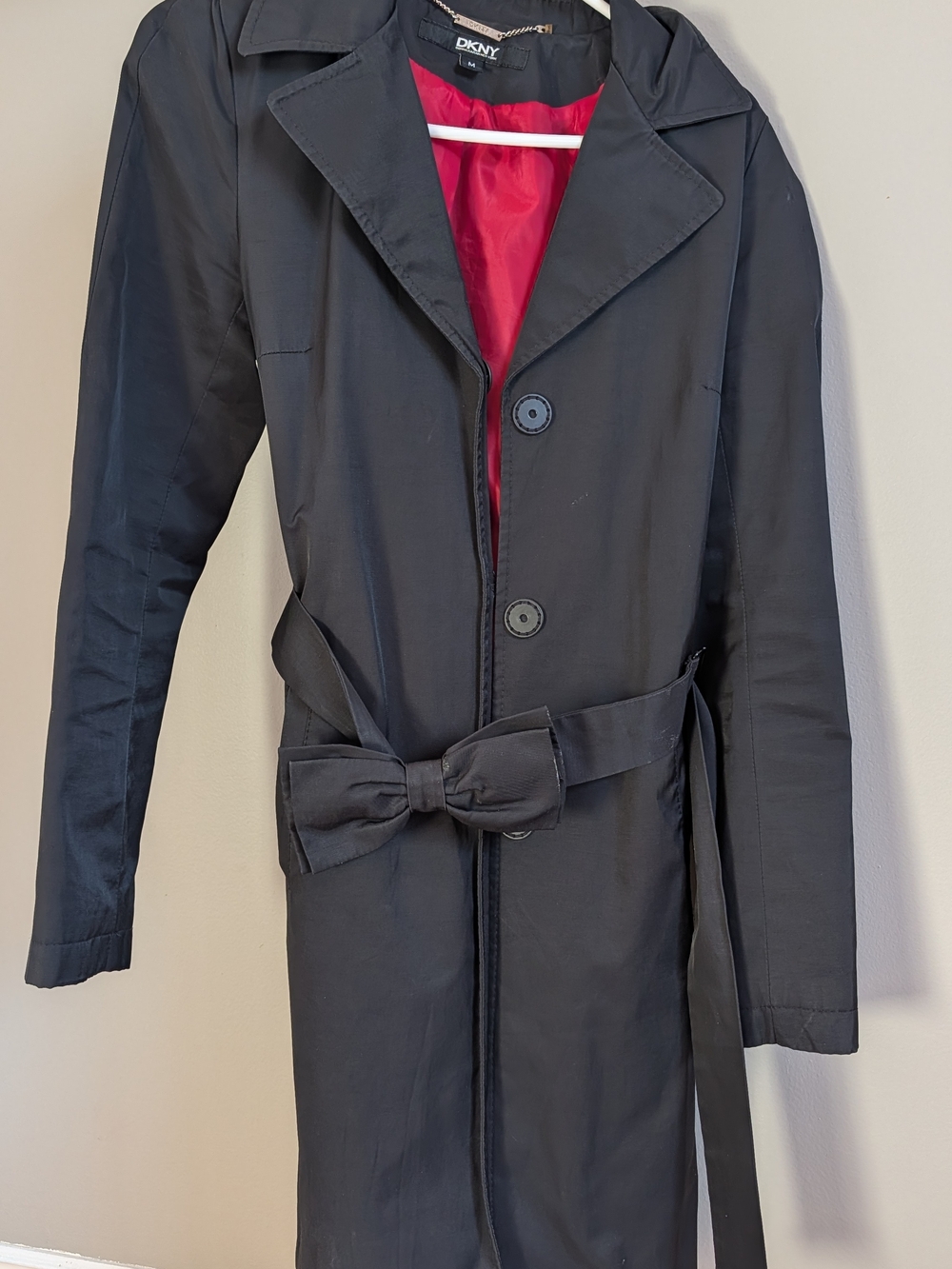 DKNY Black Trench Coat with Red Lining and Bow Belt